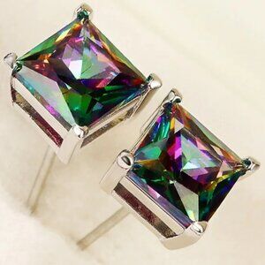 Mystic Rainbow Topaz 3.50CT Princess Cut Earring Pair, 925 Sterling Silver
